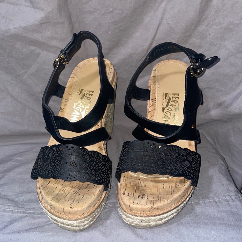 Salvatore Ferragamo black leather, and braided jute wedges. Worn outside once.